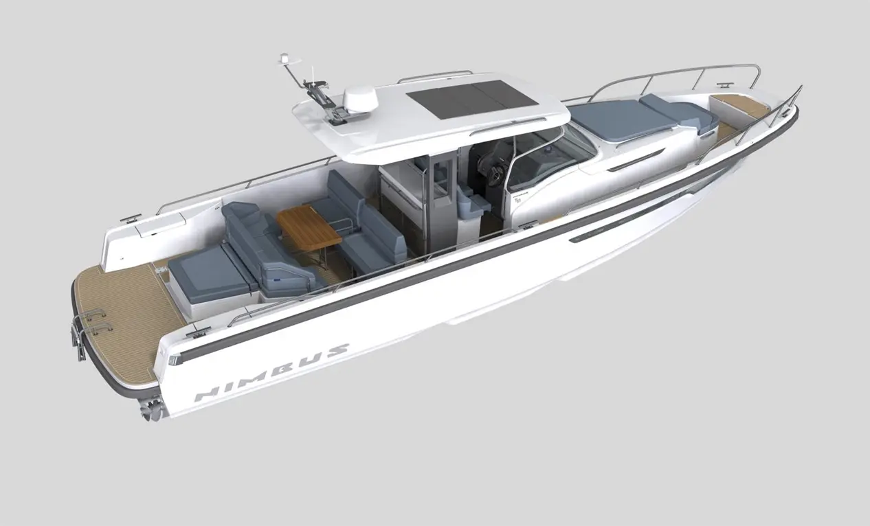A Nimbus boat featuring modern seating, a central control area, and a wooden table, set against a grey background.